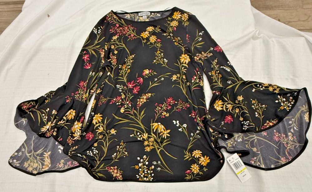 Sam & Jess Womens Floral Blouse Medium Black Bell Sleeve Top NWT